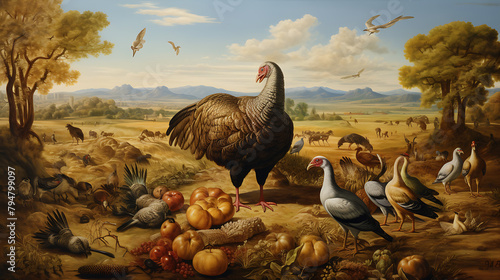  turkey is seen pecking at wheat on the ground