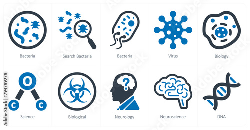 A set of 10 Science and Experiment icons as bacteria, search bacteria, virus