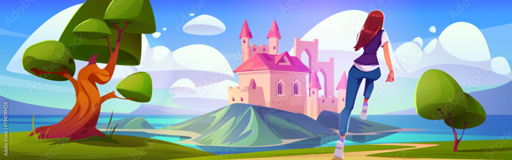 Young woman running to ancient castle. Vector cartoon illustration of female character jogging in summer park with green lawn and trees, medieval fortress on lake island, clouds in blue sky, travel