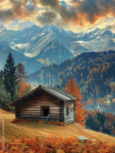 Lonely mountain cabin with sunset sky - Remote rustic cabin with a dramatic sunset over the autumn-colored forest and mountain backdrop  evoking calmness