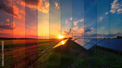 A time-lapse sequence showing the sun's movement over solar panels throughout the day.