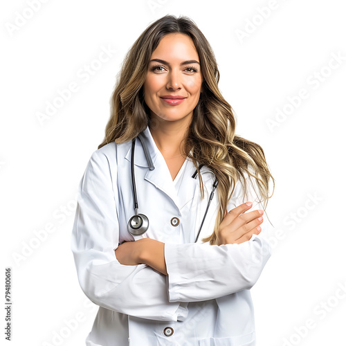 Doctor woman with stethoscope keeping the arms crossed on isolated transparent background