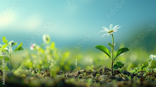 Single white daisy blooms in tranquil field under soft blue sky © Татьяна Макарова