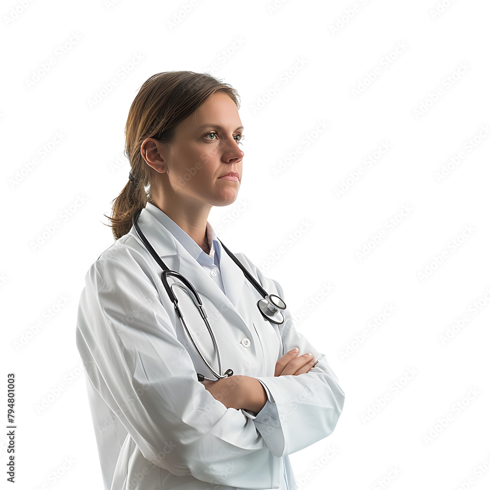 Doctor woman with stethoscope keeping the arms crossed on isolated transparent background Doctor woman with stethoscope keeping the arms crossed on isolated transparent background