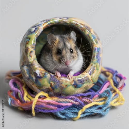 A hamster is sitting in a small ceramic bowl with colorful yarn around it photo