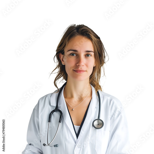 Doctor woman with stethoscope keeping the arms crossed on isolated transparent background