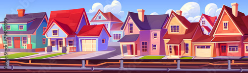 Sewer and plumbing pipes underground in suburban area. Sewerage system and city supply. Cartoon vector illustration of town neighborhood street with engineering drainage and wastewater network.
