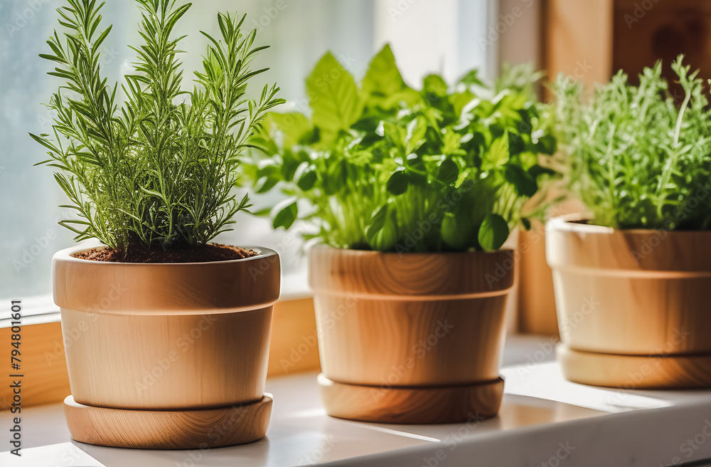 fragrant Provencal herbs in pots on the windowsill. creating comfort. the benefits of aromatherapy oils fragrant Provencal herbs in pots on the windowsill. creating comfort. the benefits of aromatherapy oils
