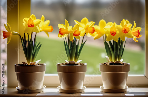 Wallpaper Mural yellow daffodils in pots on the windowsill in a bright room. a blurred long-range view of the streets of the city outside the window Torontodigital.ca