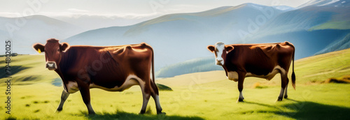 Banner cows graze on green meadows in a mountainous area. an ecologically clean area photo