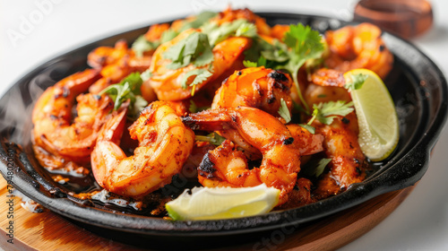 Indian seafood dish tandoori shrimp with herbs and spices grilled on black iron plate isolated on white background created with Generative AI Technology