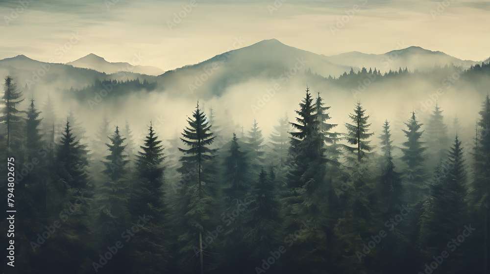  Vintage retro style misty landscape featuring