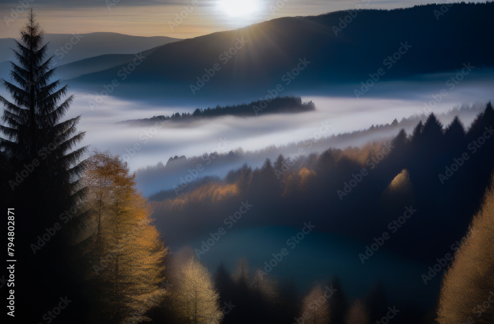 the sun is over the mountains shrouded in fog. trees in a misty haze. a sunny sunset