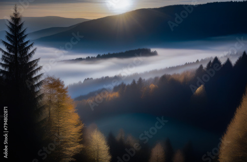 the sun is over the mountains shrouded in fog. trees in a misty haze. a sunny sunset © Екатерина Абатурова