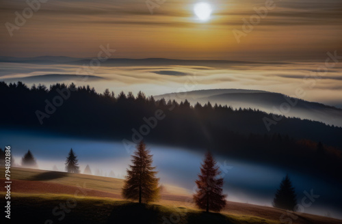 the sun is over the mountains shrouded in fog. trees in a misty haze. a sunny sunset © Екатерина Абатурова