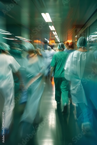 Busy hospital corridor with moving staff