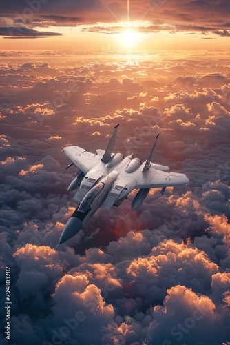 A supersonic fighter jet is flying above the clouds. Sunset. The beauty of flight, captured in a fleeting moment.