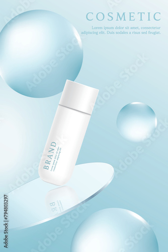 Cosmetic product ads template on blue background with water drop.