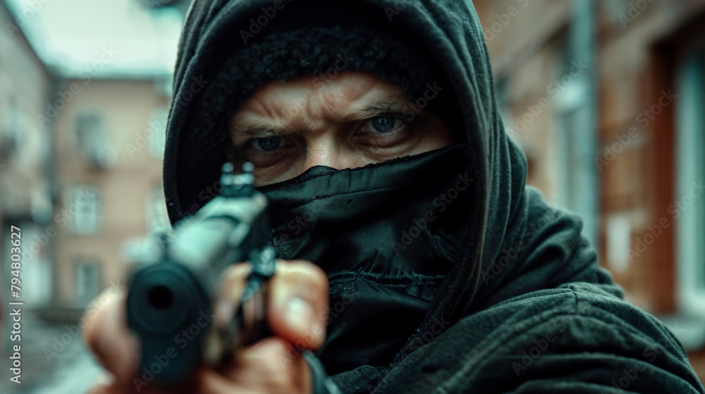 A male robber is holding a gun pointed at the camera. The criminal's face is hidden. Robbery, crime, violence. Masked man A male robber is holding a gun pointed at the camera. The criminal's face is hidden. Robbery, crime, violence. Masked man