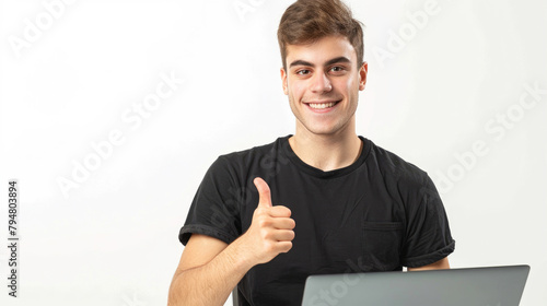 Smiling young slim businessman entrepreneur male wearing plain black t-shirt looking from laptop while giving thumbs up hands isolated on white background created with Generative AI Technology