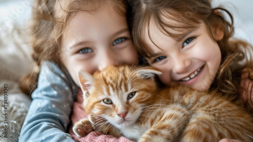 Two girls and their orange cat. AI Generative.