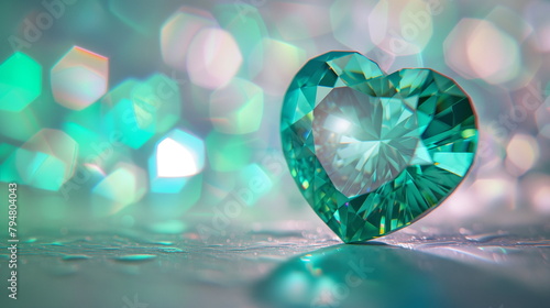 Green gemstone heart shape on a bokeh background. AI Generative.