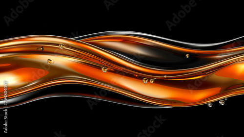A long  curvy line of liquid with a gold and black color scheme. The line is filled with small droplets of liquid  giving it a sense of movement and fluidity. Scene is one of elegance