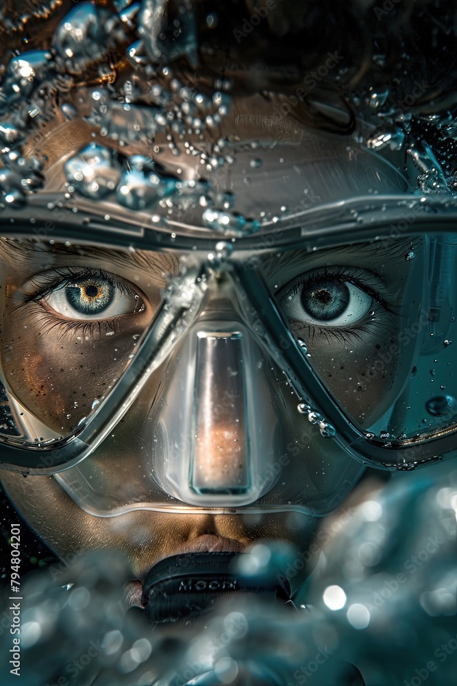 Close-up of a teenage scuba diver's face under water. Teenage diver discovers the secrets below. Close-up of a teenage scuba diver's face under water. Teenage diver discovers the secrets below.