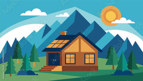 A cozy cabin tucked away in the mountains its lights and appliances all powered by solar energy.