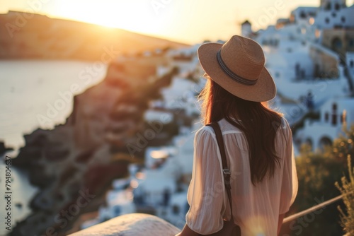 Happiness Asian casual traveller female woman portrait shot with beautiful landscape her wonderful experience along the solo travel near ocean lake trip in sunset europe photo