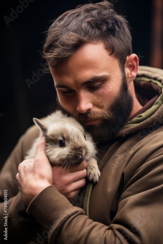  Image capturing the tender moment of a rescued rabbit being cradled in the arms of a volunteer, offering comfort and care
