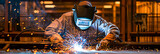 Welder at Work in Factory, Sparks Flying, Industrial Metal Fabrication