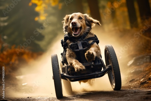 
Inspirational image of a disabled dog overcoming obstacles with the help of a custom-built wheelchair, highlighting the resilience of animals in need photo