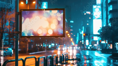 Rainy night with reflective ad board lights - Street advertisement signboard gleaming with colorful, reflective light on a rainy urban night capturing a moody scene