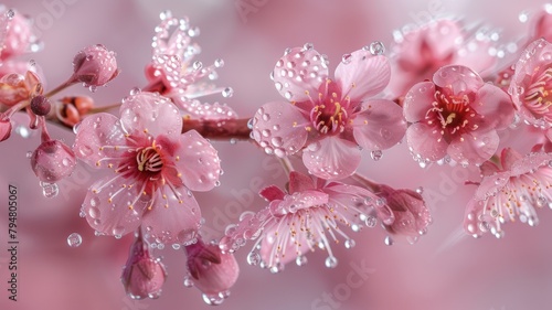 Pink cherry blossoms with raindrops close-up - Stunning pink cherry blossoms covered in raindrops depicted with detailed macro photography, showcasing nature's artistry © Mickey