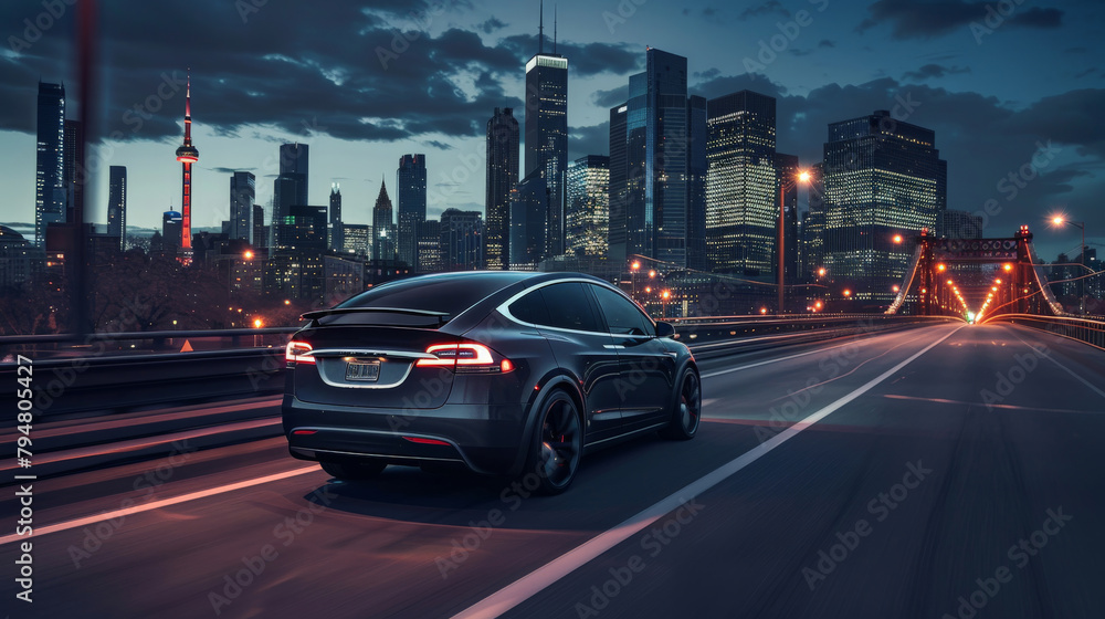 An electric car driving on a bridge with a city skyline in the background at night