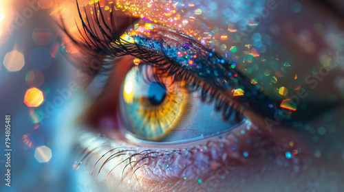 Macro shot of a sparkling eye with colorful reflections and dramatic makeup. 