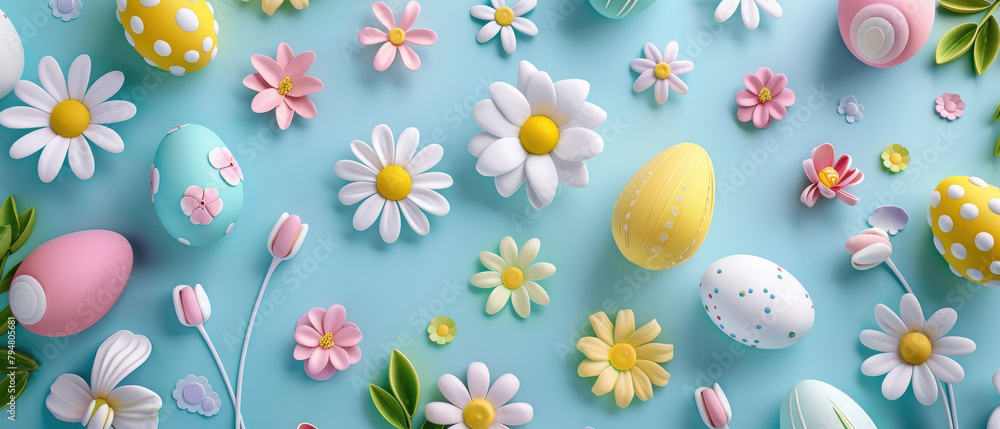 Various Easter eggs and blooming nature flowers made of clay in spring on colorful pastel colors and soft background created with Generative AI Technology