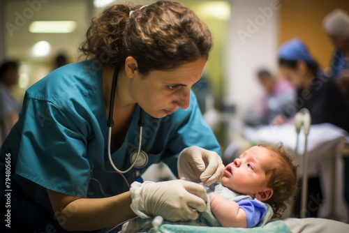 Photo of an infant  aged 1  from Spain  being held by their mother in the pediatric ward  receiving care from the medical staff