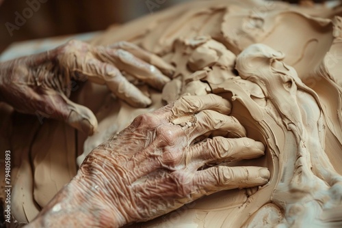 Artist's hands working on a clay sculpture.
