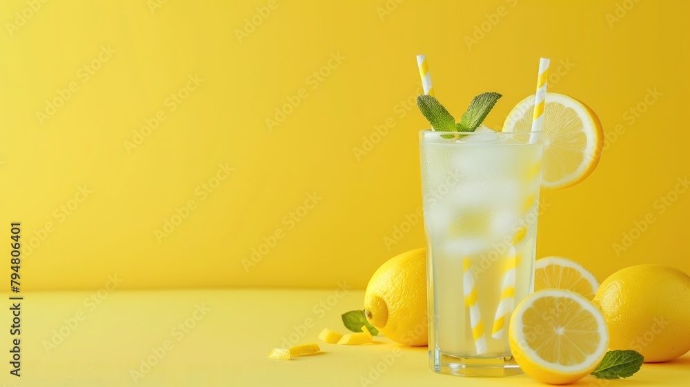 Fototapeta premium Refreshing glass of lemonade with ice, lemon slices, and mint against yellow background