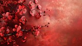 Red floral artwork with textured background