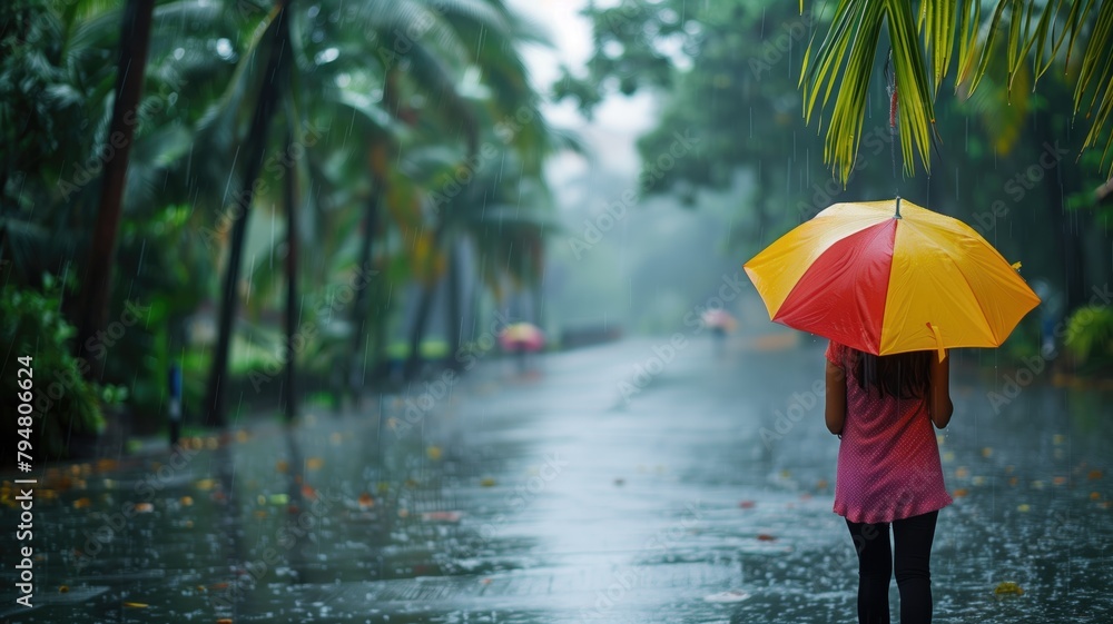 Person with yellow umbrella standing in rain on tree-lined path