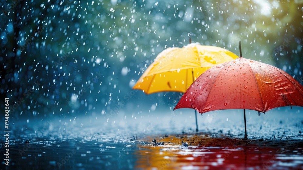 Two vibrant umbrellas under heavy rain on wet surface