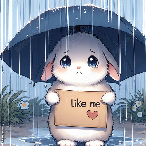 Like me - Ein Kaninchen steht mit Schirm im Regen mit der Bitte um ein Like