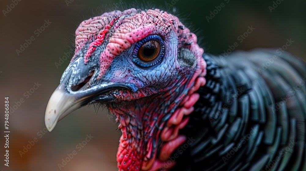 The close-up depicts the head of a female turkey. Gentle features of a female turkey, nature's art. The close-up depicts the head of a female turkey. Gentle features of a female turkey, nature's art.