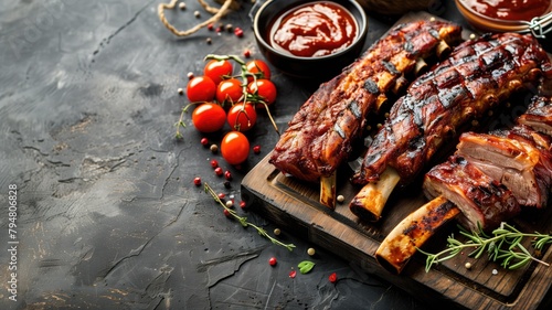 Grilled ribs on cutting board with tomatoes and sauce