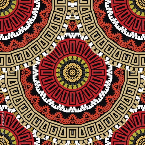 Greece ancient style tiled round gold red mandalas seamless pattern. Greek key meanders, zipper. Ornamental repeat ethnic floral vector background. Ornate beautiful modern ornaments. Fabric patterns