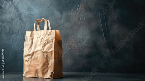 Crumpled brown paper bag standing against dark textured background