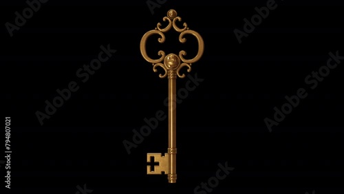 Fairy Golden Key. 3d animation of a magic key rotating 360 degrees. Looped video with alpha channel.